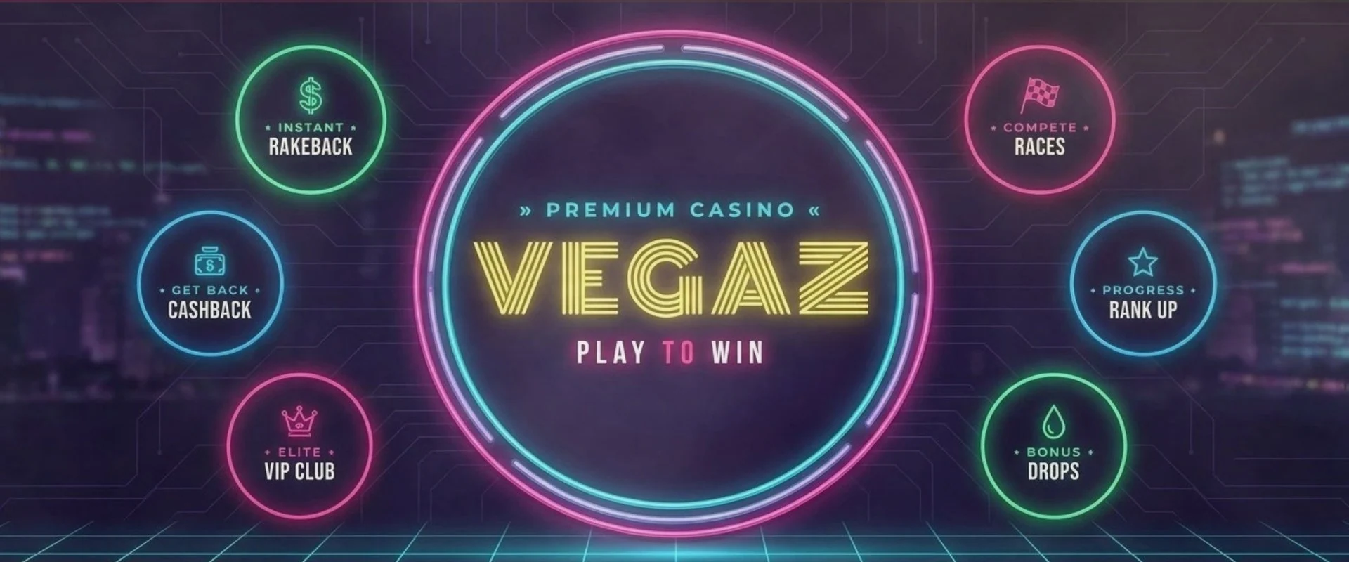 Neonschild von Vegaz Casino in einer nächtlichen Skyline